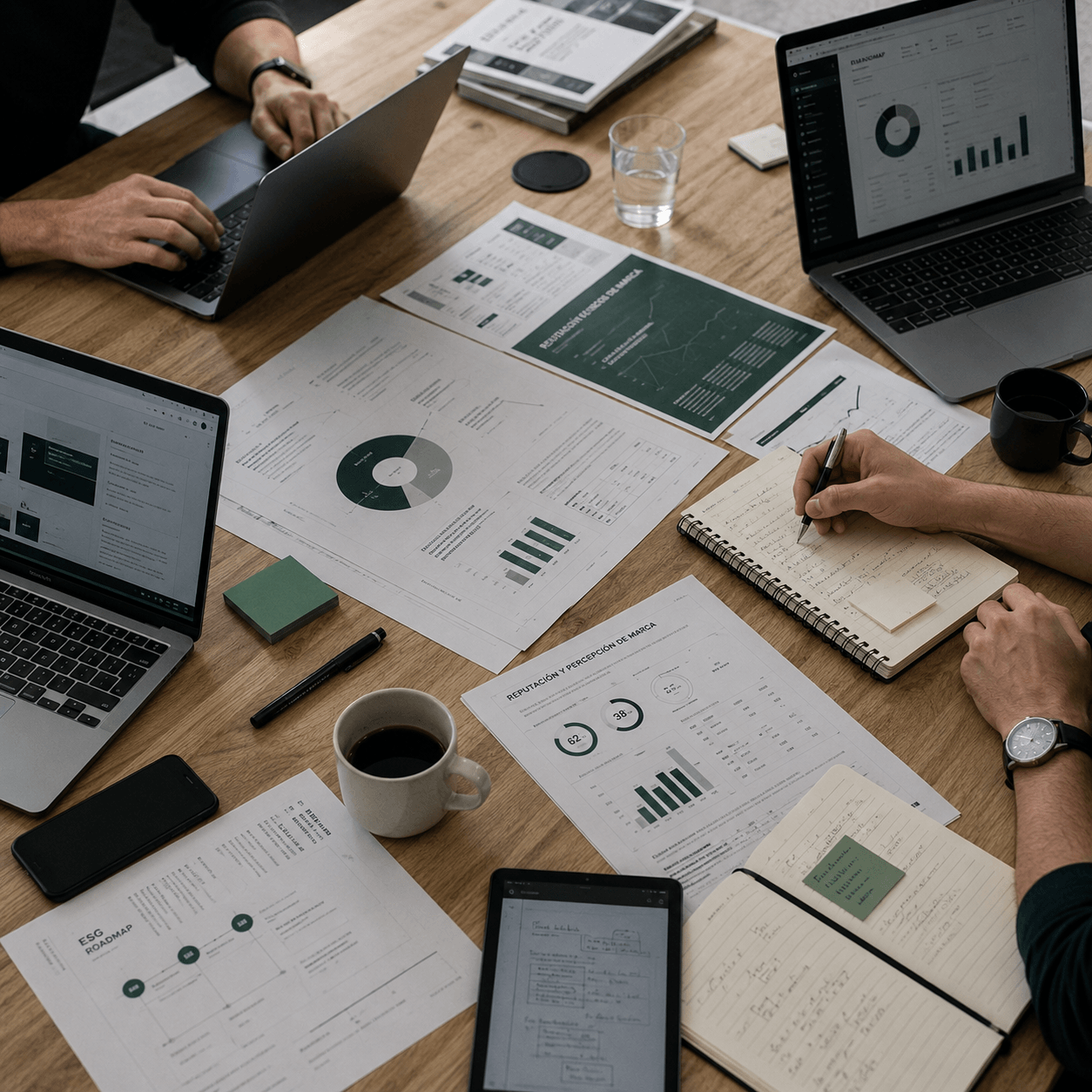Equipo revisando informes de reputación y percepción de marca sobre una mesa de trabajo