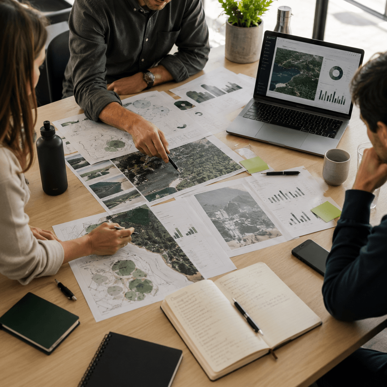 Equipo diseñando un proyecto ambiental sobre mapas y gráficos de impacto