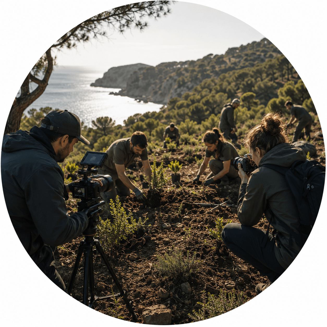 Equipo grabando vídeo y fotografiando una jornada de plantación para contenido de marca